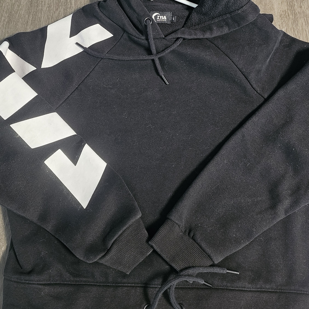 ZYIA Black Hoodie with White Sleeve Graphic